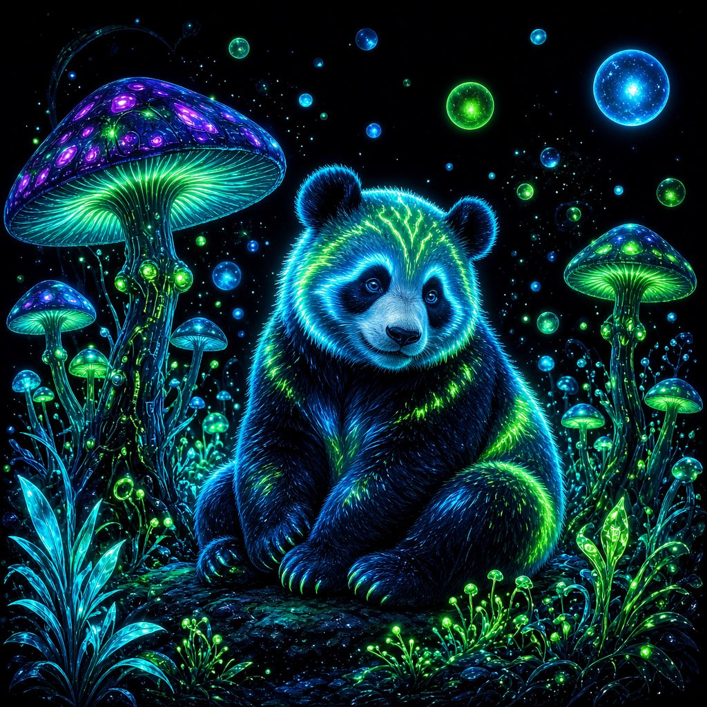 A bioluminescent panda bear, its fur patterns glowing with neon blues and vibrant greens, sits peacefully amidst a grove of luminous, alien flora. Giant, pulsing mushrooms and floating orbs of light create an otherworldly ambiance. The background fades into an inky blackness, making the glowing elements pop. Style: Sci-fi fantasy illustration with sharp, defined lines and glowing contrasts, drawing inspiration from futuristic concept art. — Grok Imagine Image 2