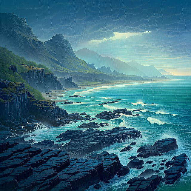 A rugged volcanic coastline under clearing storm clouds at late afternoon, black basalt shelves descending into turquoise surf, sea spray clinging to jagged rocks, tide pools reflecting distant cliffs and layered mountains fading into rain haze. — Midjourney Niji 7