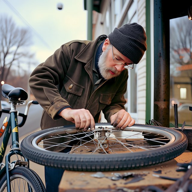 Candid documentary photograph of an adult bicycle mechanic repairing a flat tire outside a neighborhood workshop, soft overcast daylight, 35mm lens with moderate depth of field, greasy fingerprints, dust, and tiny metal shavings visible on the workbench. — Midjourney Niji 7