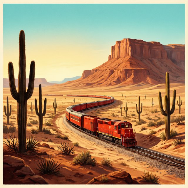 At dawn, a scarlet desert train curves past saguaro silhouettes toward a mesa; screen-printed gouache illustration in mid-century travel-poster style, palette of rust, turquoise, sand, and cream, no lettering. — Qwen Image 3.0