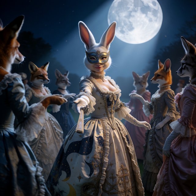 Create the most glamorous and mysterious midnight masked-ball scene, where various alluring anthropomorphic animals, such as foxes, deer, and rabbits, pose and dance under the moon. They wear moon-themed masks. In the middle foreground stands the most exquisite, alluring human-rabbit hybrid, with long white rabbit ears, a pulchritudinous East Asian face, an hourglass figure, rabbit-fur features, and human skin blended aesthetically. She wears the most exquisite silk dress with moon patterns and cross-star embroidery. She poses in a beckoning gesture, inviting the viewer to be her dance partner at the masquerade. No speech. — Krea 2 Medium