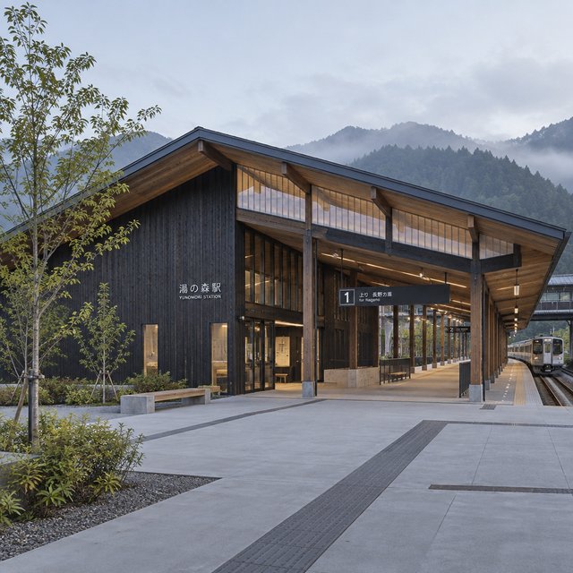 Contemporary Japanese timber train station, charred cedar cladding, pale concrete platform, broad pitched roof with exposed beams and translucent clerestories, cool morning light, viewed obliquely from the quiet approach plaza, precise straight lines and plausible structure. — GPT Image 2.5 Sunburst