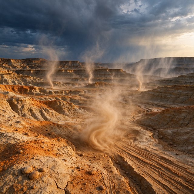 Wind-driven dust devils spiral across ochre badlands beneath a storm-clearing late-afternoon sky; pebble-studded clay ridges and tiny erosion grooves sharpen nearby, while layered mesas recede through veils of rain. — Seedream 5.0 Flash