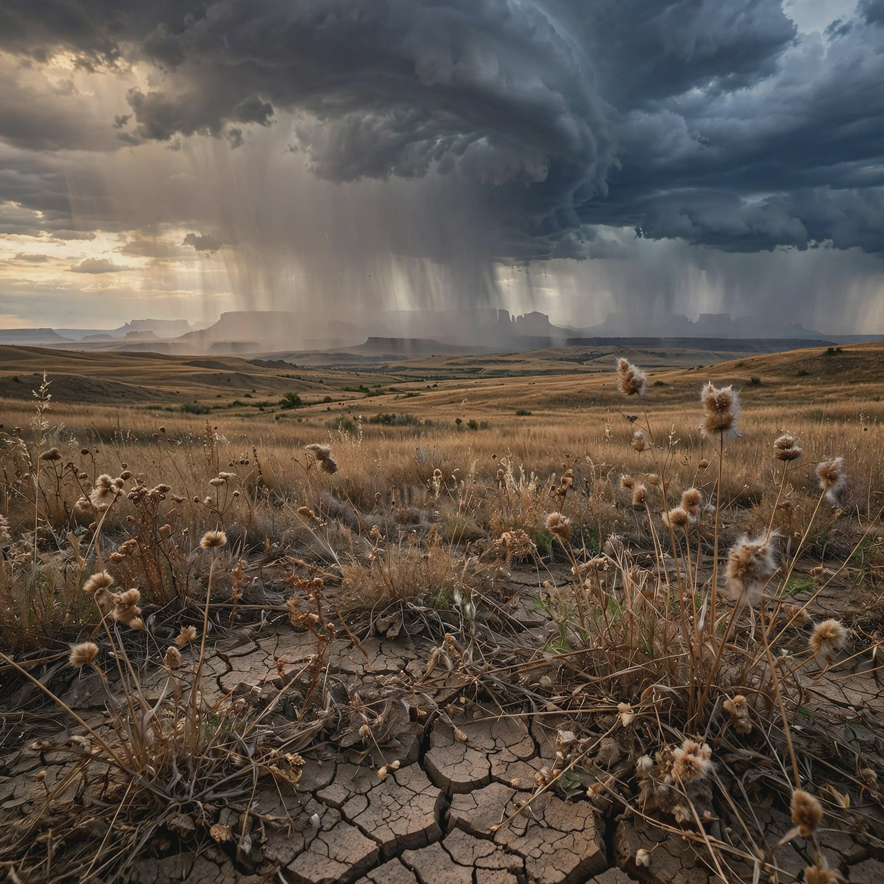 Across a tawny prairie basin, a rotating thunderstorm gathers in the late afternoon beneath bruised clouds, rain veiling distant buttes; seed heads and cracked earth in the foreground contrast with ridges softened by the advancing downpour. — Muse Image 1.0