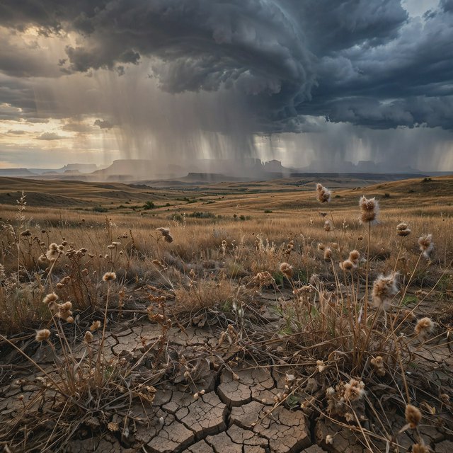 Across a tawny prairie basin, a rotating thunderstorm gathers in the late afternoon beneath bruised clouds, rain veiling distant buttes; seed heads and cracked earth in the foreground contrast with ridges softened by the advancing downpour. — Muse Image 1.0