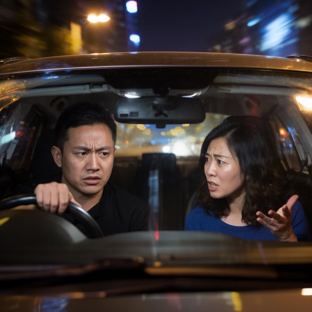 Frontal cinematic shot through the windshield of a car driving at night. A 35-year-old Chinese man is in the driver’s seat, gripping the steering wheel and arguing back in visible frustration. Beside him, a 30-year-old Chinese woman in the front passenger seat is nagging him animatedly, gesturing as she speaks. Both are clearly engaged in a tense argument. Nighttime city lights and passing streetlights glow outside, with reflections across the windshield and realistic interior lighting. — Krea 2 Large