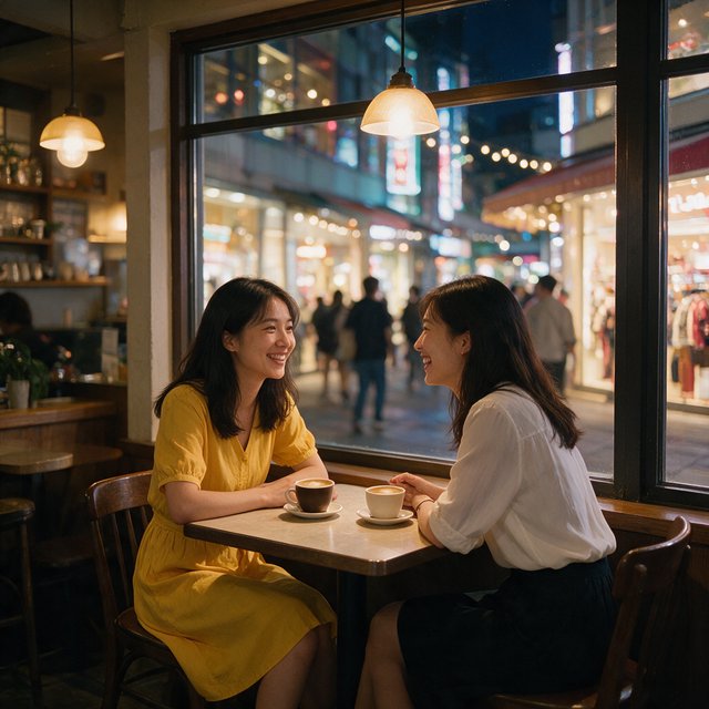 A cozy nighttime café scene featuring two young adult Chinese women seated at a table by a window. One wears a yellow dress, and the other, seated opposite her, wears a white blouse and black skirt. They are chatting warmly with each other, with two cups of coffee on the table. Outside the window, a lively shopping street glows with evening lights, creating a relaxed, intimate, and cinematic atmosphere. — Seedream 5.0 Pro