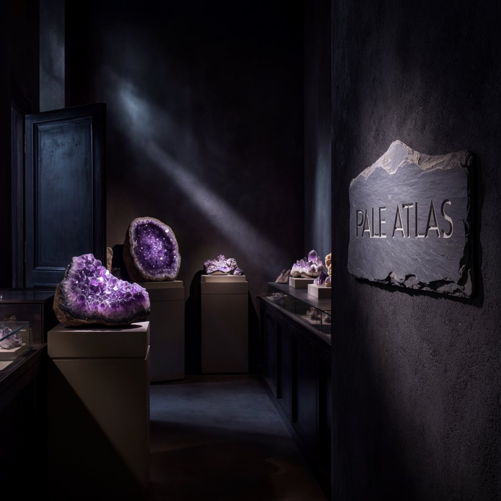 Within a quiet mineral gallery, amethyst clusters and polished geodes catch pools of light; "PALE ATLAS" is carved in clean capitals across a slate plaque beside the entrance. — Krea 2 Large