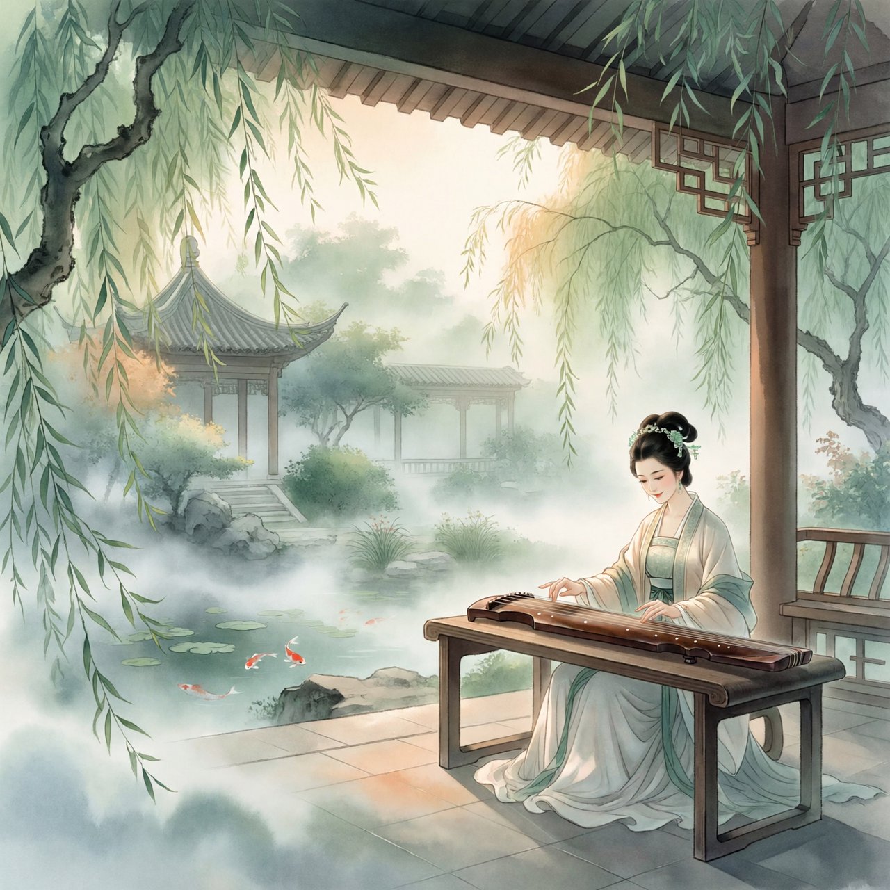 An elegant ancient Chinese lady in hanfu plays the guzheng in a quiet garden pavilion, surrounded by willow trees and mist, creating a poetic atmosphere. — ImagineArt 2