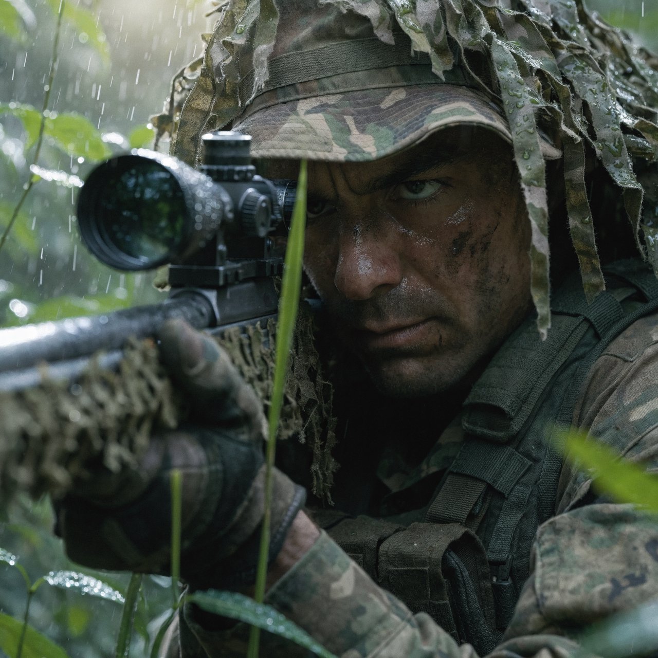 An adult sniper concealed in dense jungle foliage, aiming at a distant target, with a close-up view of his focused face. — Recraft v4 Pro