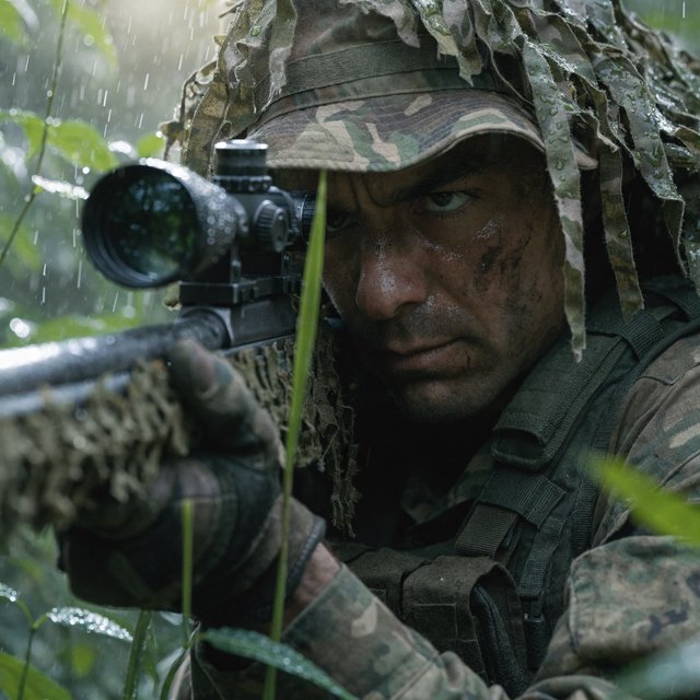 An adult sniper concealed in dense jungle foliage, aiming at a distant target, with a close-up view of his focused face. — Model 17