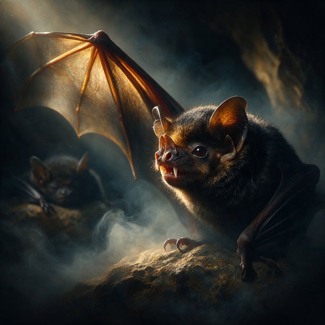 Vampire bat art, volumetric fog, chiaroscuro lighting, subsurface scattering. — Model 23