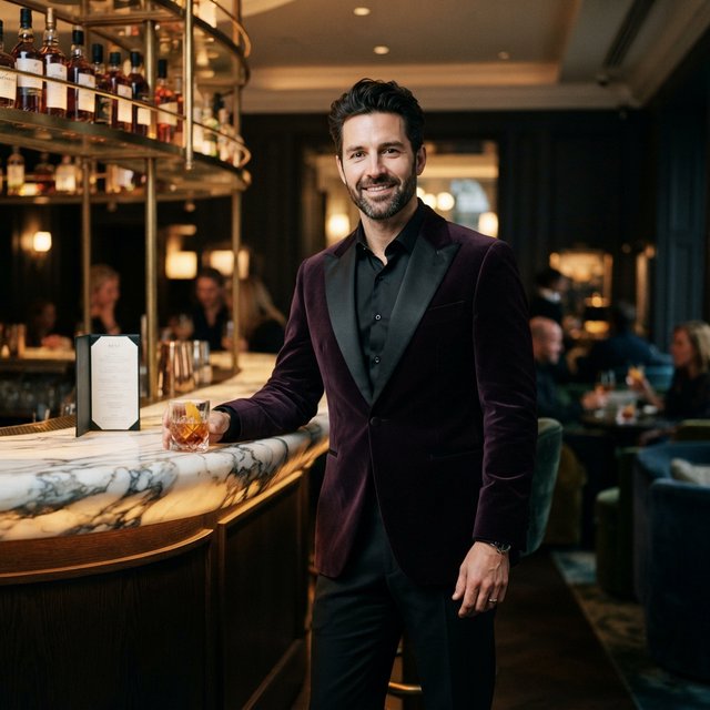 Editorial glamour photograph of an adult man in a midnight-plum dinner jacket and black trousers, standing naturally beside a sculptural marble bar in a quiet hotel lounge, flattering amber light, easy smile, polished editorial elegance. — Nano Banana 2 Lite
