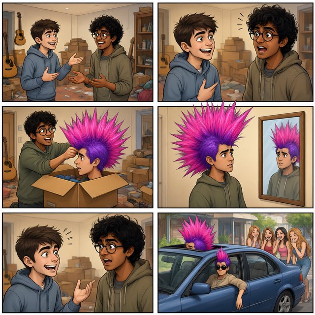 A three-row, six-panel sequence. Panel 1: A short-haired, nerdy man is talking to his friend Babu, another nerd with curly hair and round-frame glasses. They are both 20. Babu's room has a guitar and boxes full of things. Panel 2: Babu is exclaiming to his friend, saying something! Middle row, panel 3: Babu brings a spiky Mohican wig, pink to purple in color, out of one of his boxes. But it is oddly big. Panel 4: Babu stands in front of a wall mirror wearing the spiky wig—it is oddly very big! He looks concerned. Bottom row, panel 5: Babu's nerdy friend exclaims something to him, as if he has had an idea. Bottom row, panel 6: Babu is in a right-hand-drive sedan with a sunroof. Half of the spiky hair on his wig sticks out through the sunroof. The car is parked in front of a neighborhood hangout. Babu is looking out of the window, with one hand out of it. He wears sunglasses, trying to look cool. Several pretty adult women his age are giggling at him. — Qwen Image 3.0
