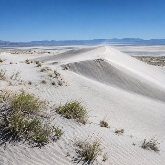 A pale gypsum dune field beneath a wind-brushed, cloudless midday sky, fine sand streaming over steep ridges; delicate ripple patterns and scattered salt-tolerant grasses sharpen the foreground as dunes soften toward a distant basin. — GPT Image 2.5 Flare
