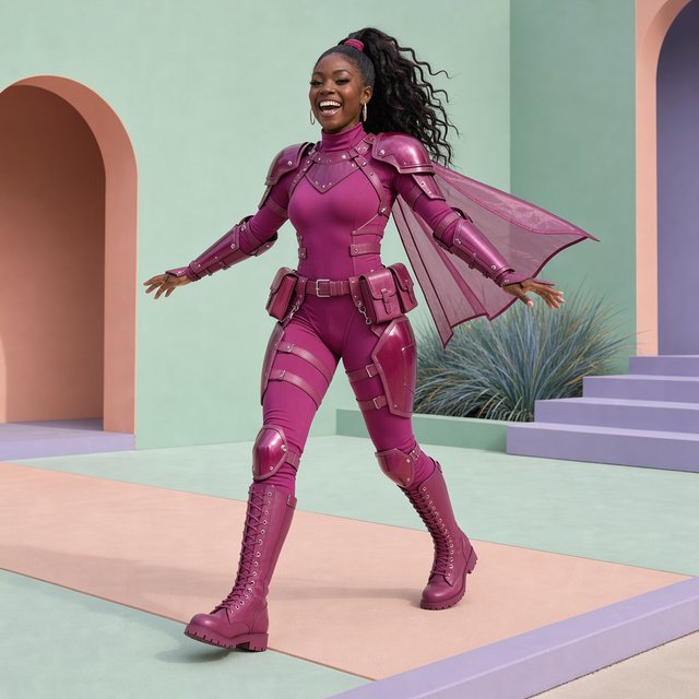 An image depicting a wild character dressed in magenta attire, an outfit, or armor. No text. A complementary pastel background. Lifestyle photography. — FLUX 3 Image
