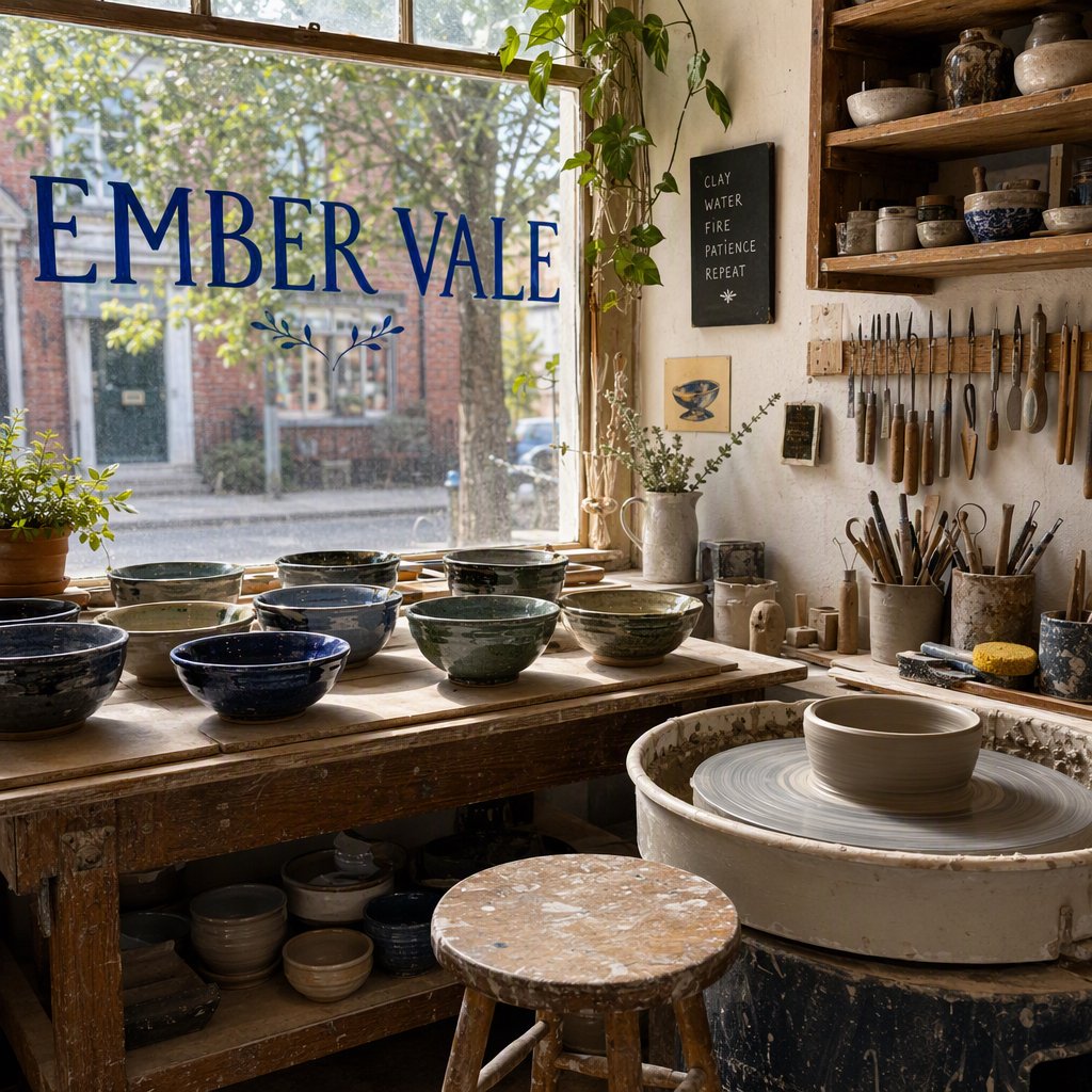 Inside a sunlit ceramics studio, glazed bowls dry beside a turning wheel and shelves of clay tools; "EMBER VALE" is painted in cobalt capitals on the front window. — GPT Image 2
