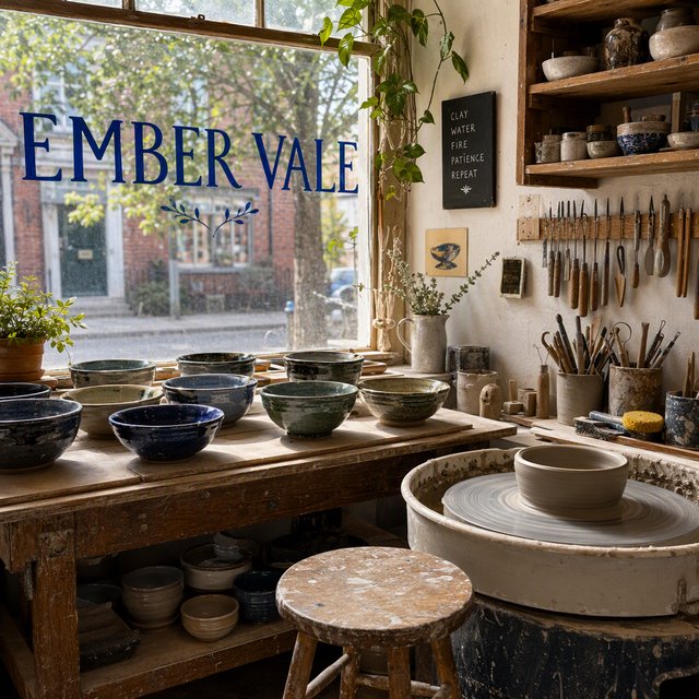 Inside a sunlit ceramics studio, glazed bowls dry beside a turning wheel and shelves of clay tools; "EMBER VALE" is painted in cobalt capitals on the front window. — GPT Image 2
