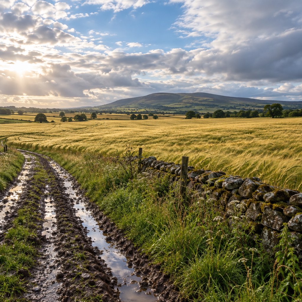 Golden barley fields ripple beneath a vast sky as a cool morning breeze follows overnight showers; muddy tractor furrows glisten in the foreground, guiding the eye past a weathered stone boundary toward low hills under broken clouds. — GPT Image 2.5 Flare