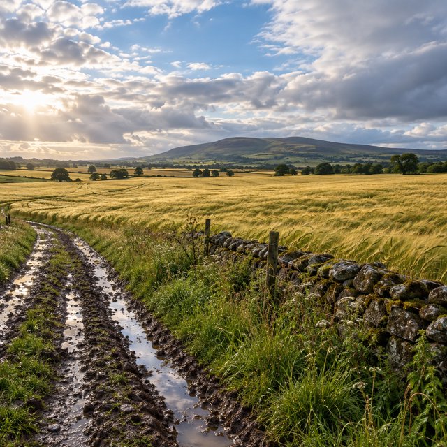 Golden barley fields ripple beneath a vast sky as a cool morning breeze follows overnight showers; muddy tractor furrows glisten in the foreground, guiding the eye past a weathered stone boundary toward low hills under broken clouds. — Model 3