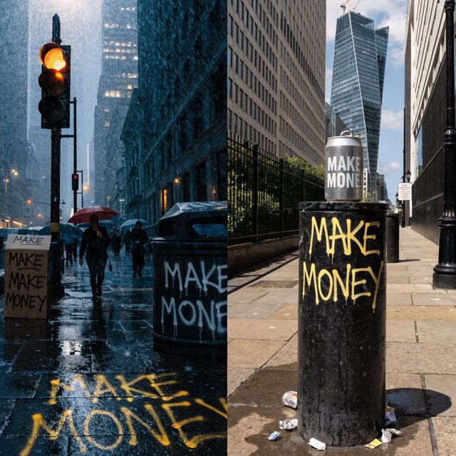 Messages and words related to making a ton of money, hidden in plain sight around the world. — Recraft v4