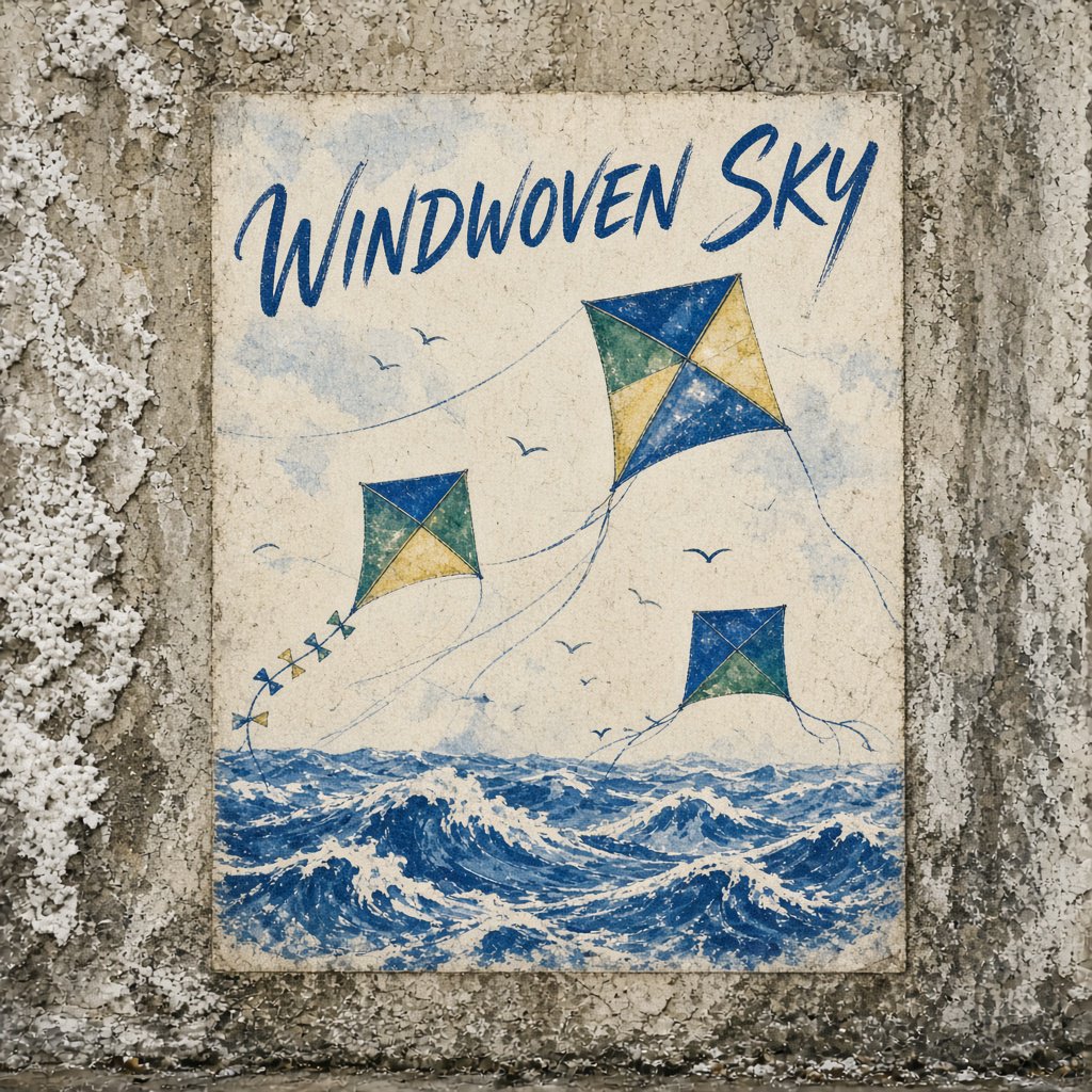 On a salt-stained seawall, a printed poster for a kite-making exhibition shows bright diamond kites sweeping above blue waves; “WINDWOVEN SKY” is screen-printed in sweeping cobalt script, with no other legible writing. — Grok Imagine Image 2