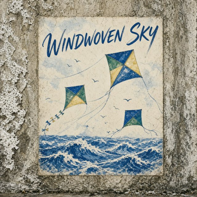 On a salt-stained seawall, a printed poster for a kite-making exhibition shows bright diamond kites sweeping above blue waves; “WINDWOVEN SKY” is screen-printed in sweeping cobalt script, with no other legible writing. — Model 5