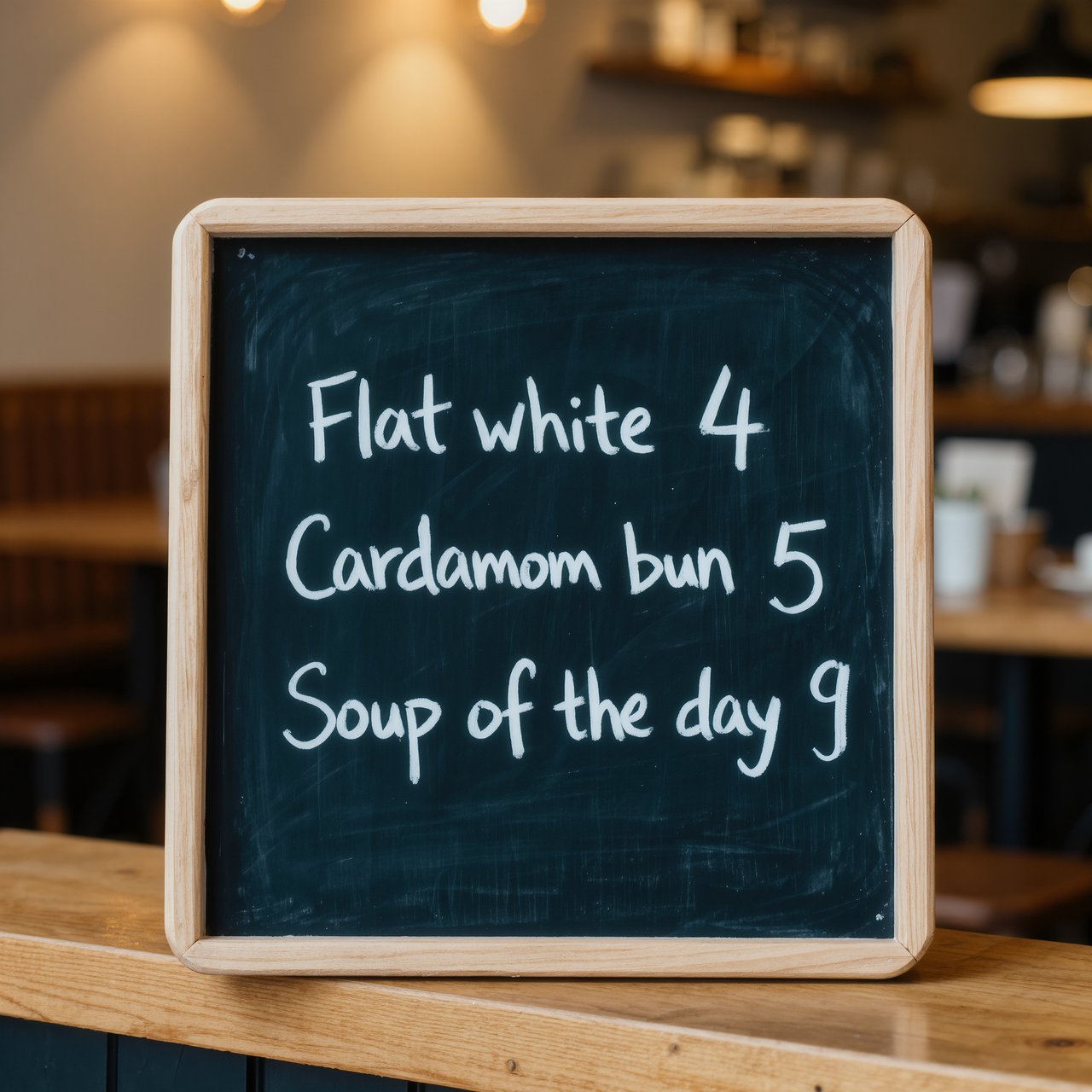 A café chalkboard listing exactly three items: "Flat white 4", "Cardamom bun 5", "Soup of the day 9", in neat chalk handwriting. — Kling v3 Omni