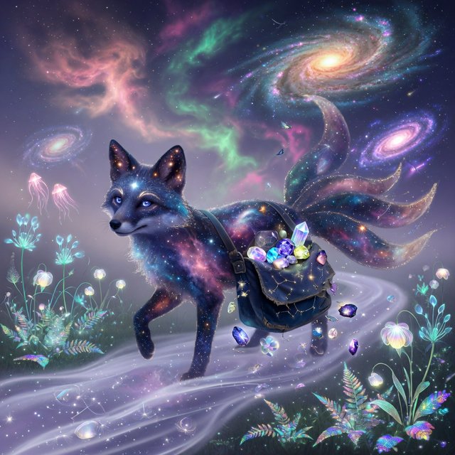A celestial fox made of stardust and nebulae, carrying a satchel overflowing with glowing cosmic jewels, journeys through an ethereal dreamscape. Swirling galaxies and bioluminescent flora fill the background. The scene is rendered in a surreal, photorealistic style, emphasizing intricate details and a sense of infinite wonder. — Grok Imagine Image Quality
