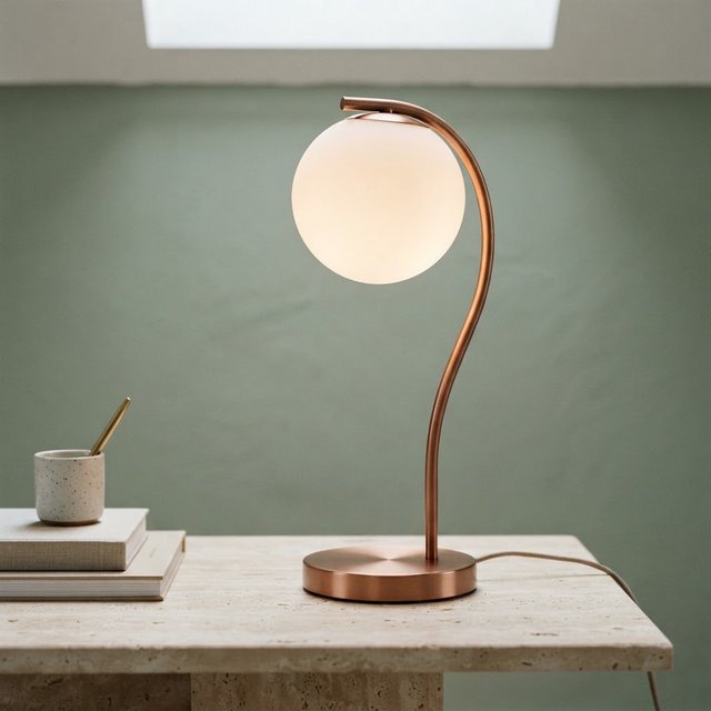 Commercial product photograph of an unbranded sculptural desk lamp with a frosted opal glass globe and brushed copper stem, standing on a pale travertine surface against a muted sage background, illuminated by soft overhead diffusion and a delicate warm rim light. — Nano Banana 2 Lite