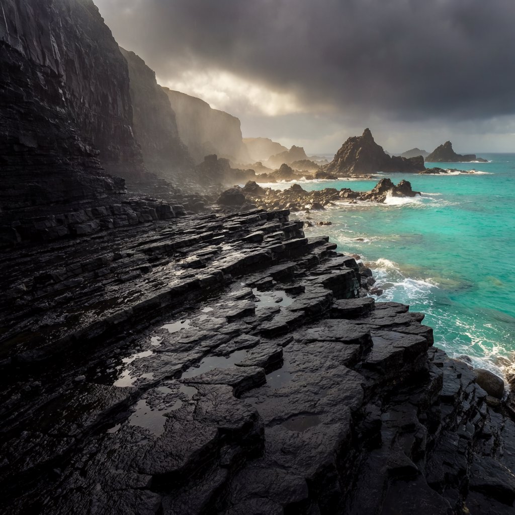A rugged volcanic coastline under clearing storm clouds at late afternoon, black basalt shelves descending into turquoise surf, sea spray clinging to jagged rocks, tide pools reflecting distant cliffs and layered mountains fading into rain haze. — Krea 2 Large