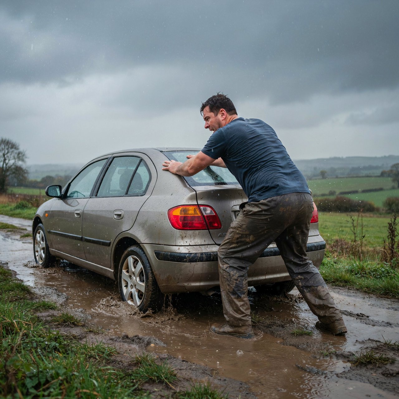 A man is pushing his car, which is stuck in the mud, amid heavy rain in the countryside. The sky is gloomy, and some hail is also falling on the car and the ground. The big man has mud all over his trousers. Show him struggling. — Ideogram v4.5