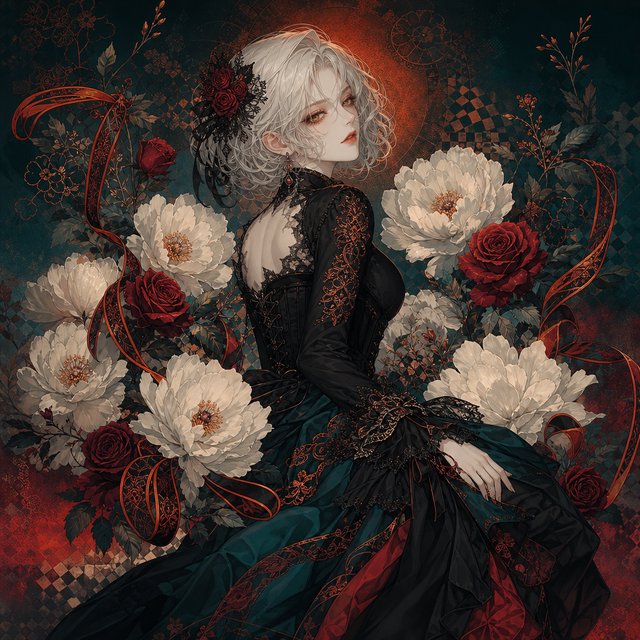 An elegant gothic woman sits sideways among oversized ivory blossoms, crimson roses, and dark teal foliage, turning toward the viewer with half-lidded amber eyes. She has a softly waved silver-white bob and a fitted black gown with lace, embroidered sleeves, and a sculpted corset. Deep-teal skirt folds reveal crimson lining and burnt-orange embroidery. Crimson ribbons with orange edging weave through the flowers, leaving breathing room around her pale face and hands. A deep-teal background fades into charcoal, with muted burnt-orange light behind her head, faint crimson haze below, and botanical shadows. Fine ordered dithering, delicate checkerboard patterns, and clustered pigment grains soften background transitions only; the woman and flowers remain smoothly painted. Crimson, deep teal, glowing orange, lacquer black, and warm ivory palette. Soft frontal fill, luminous hair, readable black fabric, subtle orange rim light, refined gothic anime, precise linework, dramatic floral framing — GPT Image 2