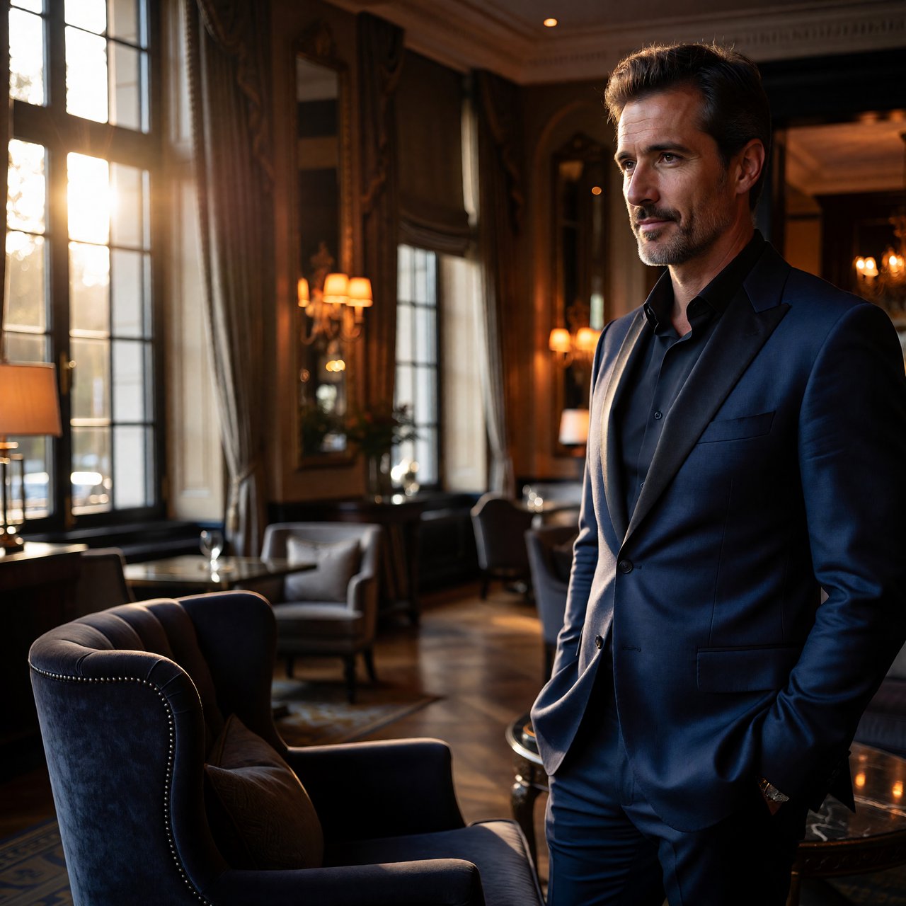 Editorial glamour photograph of an adult man in a midnight-blue tuxedo, standing naturally beside a velvet chair in a quiet hotel lounge, flattering amber window light, relaxed expression, polished magazine composition. — ImagineArt 1.5 Pro