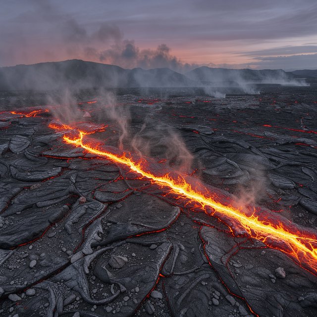 Fresh lava threads a black cinder plain on a volcanic island at dusk beneath ash-laden wind; blistered crust and brittle pumice in the foreground give way to glowing fissures fading into smoke. — FLUX 3 Image Klein