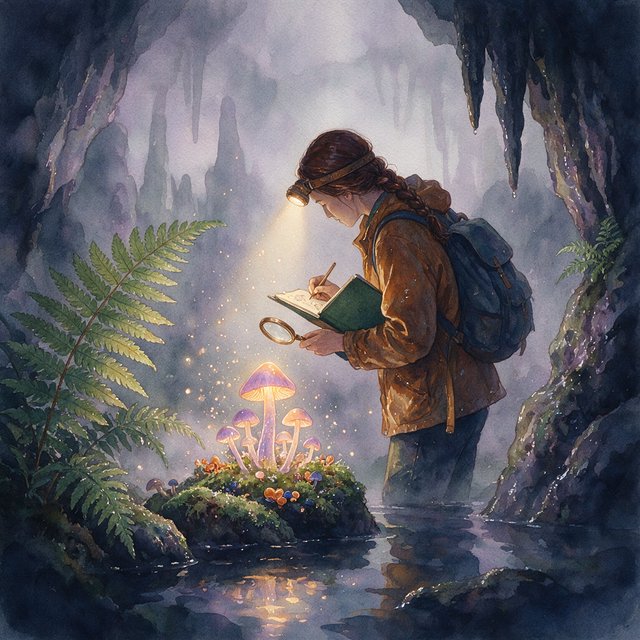 Watercolour illustration of an adult botanist studying luminous fungi in a misty cave, with fern fronds, glistening stone and drifting spores. Palette of jade, lilac, amber, and deep indigo, with translucent washes. — Seedream 5.0 Pro