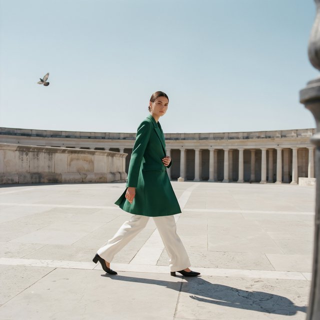 Full-length fashion editorial: model in a structured emerald wool coat and white trousers walking across a wide empty plaza, harsh midday sun, long shadow. — Ideogram v4