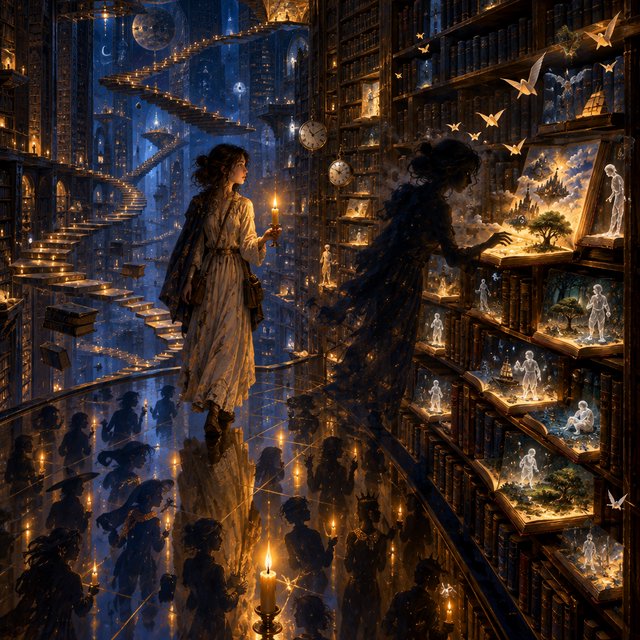 In an infinite library where floating staircases defy gravity, a young woman carries a candle through endless shelves. Her shadow has quietly detached itself from her feet and now wanders independently among the towering bookcases, secretly opening glowing books filled with forgotten memories. Each open page reveals miniature worlds: flying origami birds, drifting clocks, and tiny ghostly figures. The woman's candlelight creates impossible reflections, revealing dozens of alternative shadows with distinct personalities. Dreamlike surrealism, warm golden candlelight set against deep blue darkness, intricate details, magical realism, painterly. — GPT Image 2.5 Flare
