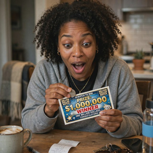 A realistic scene of a random adult person, either Black, white, or Asian, scratching a scratch ticket and discovering that they have won one million dollars. — Muse Image 1.0