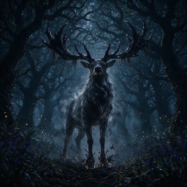 Low-angle wide shot, ancient overgrown oak forest at midnight: a colossal ghost stag looms, its semi-transparent form woven from swirling inky mist threaded with liquid silver moonlight. Polished obsidian antlers cut through shadow, jagged edges catching faint starlight, moss dangling from their points. Heavy hooves press into the loamy forest floor, wild bluebells and ferns curling black and crumbling to ash beneath each step. Hundreds of faint gold fireflies drift slowly through thick volumetric fog, their glows diffused in the haze. Deep indigo and charcoal color palette, somber quiet dread, atmospheric dark fantasy aesthetic, soft dappled moonlight filtering through a gnarled canopy, cinematic depth of field, sharp fine edges on the stag's antlers and decaying foliage. — Seedream 5.0 Pro