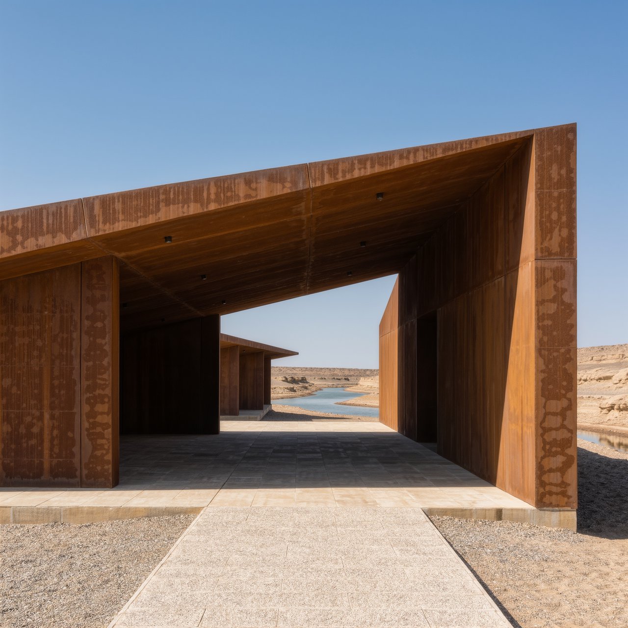 A contemporary desert visitor pavilion built from rust-colored rammed earth and pale limestone sits beside a dry wadi; deep shaded openings frame the courtyard. Hard midday sun, viewed from the gravel approach, crisp geometry and believable construction. — Kling v3 Omni