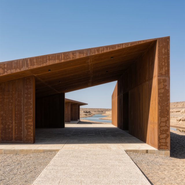 A contemporary desert visitor pavilion built from rust-colored rammed earth and pale limestone sits beside a dry wadi; deep shaded openings frame the courtyard. Hard midday sun, viewed from the gravel approach, crisp geometry and believable construction. — Kling v3 Omni