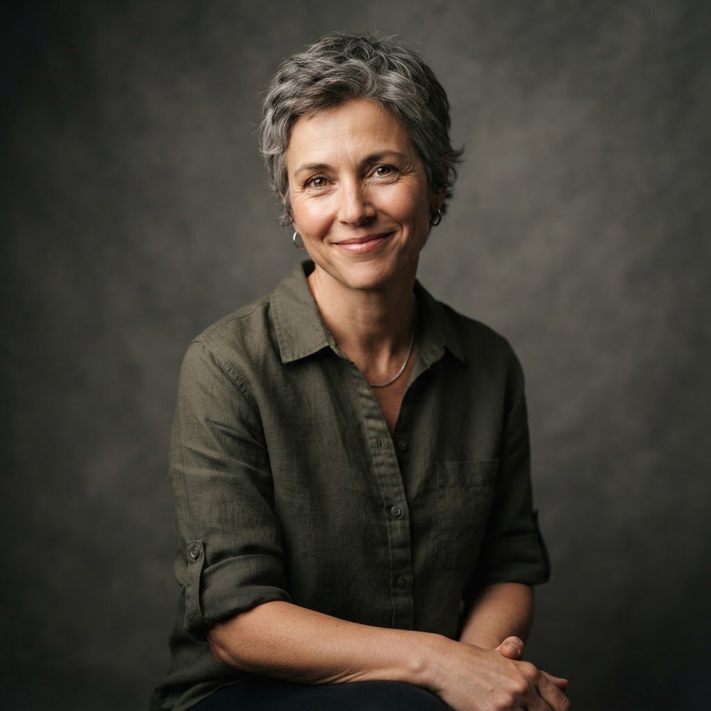 Studio portrait of a woman in her 40s with short grey hair and a linen shirt, Rembrandt lighting, neutral grey backdrop, slight smile. — Nano Banana 2 Lite