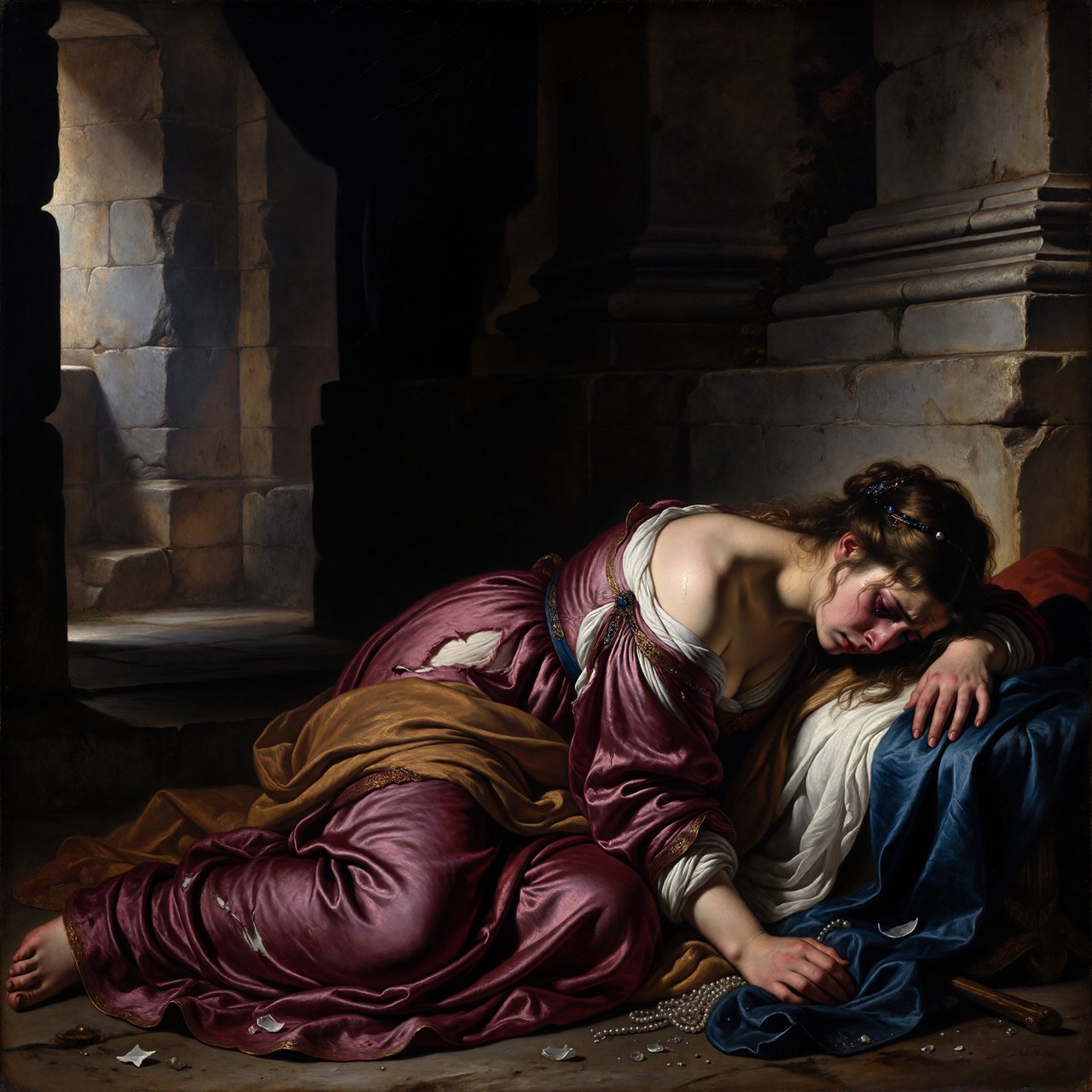 A dramatic cinematic portrait of a fallen noblewoman kneeling in a dimly lit stone chamber, wearing a disheveled dark crimson silk gown, the fabric torn and loose, revealing hints of pale skin, strong chiaroscuro lighting highlighting her silhouette and sorrowful expression, tears, messy hair adorned with broken pearls, atmosphere of despair and silence, oil painting style realism — ImagineArt 1.5 Pro