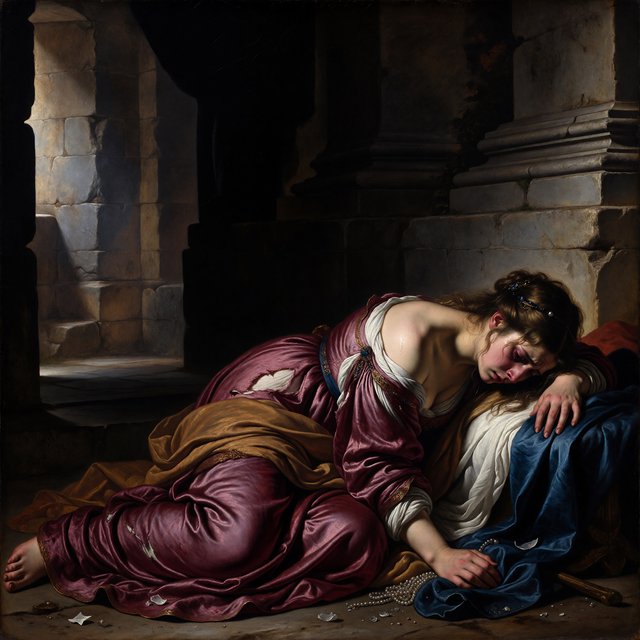 A dramatic cinematic portrait of a fallen noblewoman kneeling in a dimly lit stone chamber, wearing a disheveled dark crimson silk gown, the fabric torn and loose, revealing hints of pale skin, strong chiaroscuro lighting highlighting her silhouette and sorrowful expression, tears, messy hair adorned with broken pearls, atmosphere of despair and silence, oil painting style realism — ImagineArt 1.5 Pro