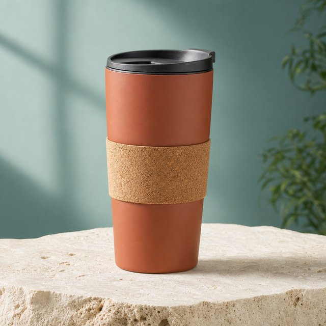 Commercial product photograph of an unbranded insulated travel mug made from matte terracotta powder-coated steel with a cork grip, standing on a pale limestone slab against a soft teal background, lit by broad diffused window light and a gentle edge light. — GPT Image 2
