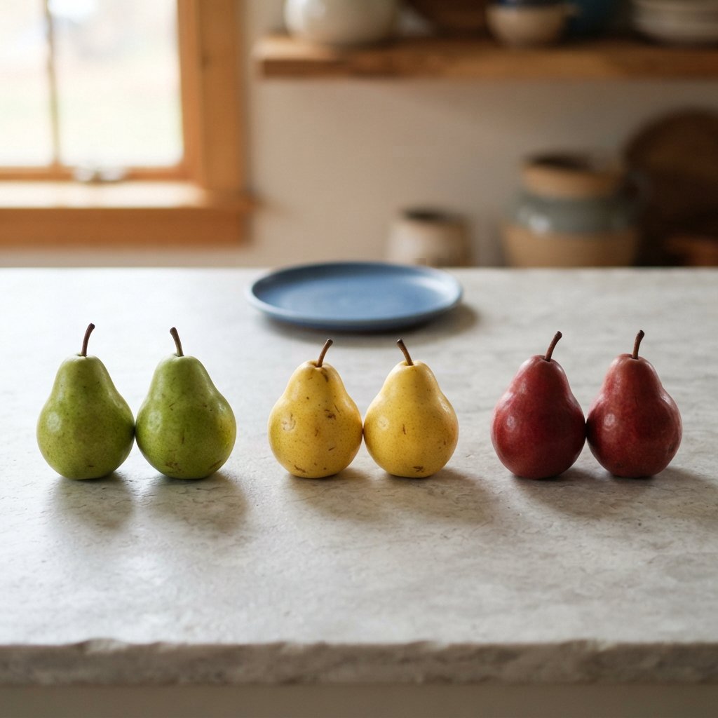 Exactly six ripe pears sit on a pale stone counter: two green pears on the left, two yellow pears in the center, and two red pears on the right. A small blue plate sits above the center pair, nothing else. — Nano Banana 2 Lite