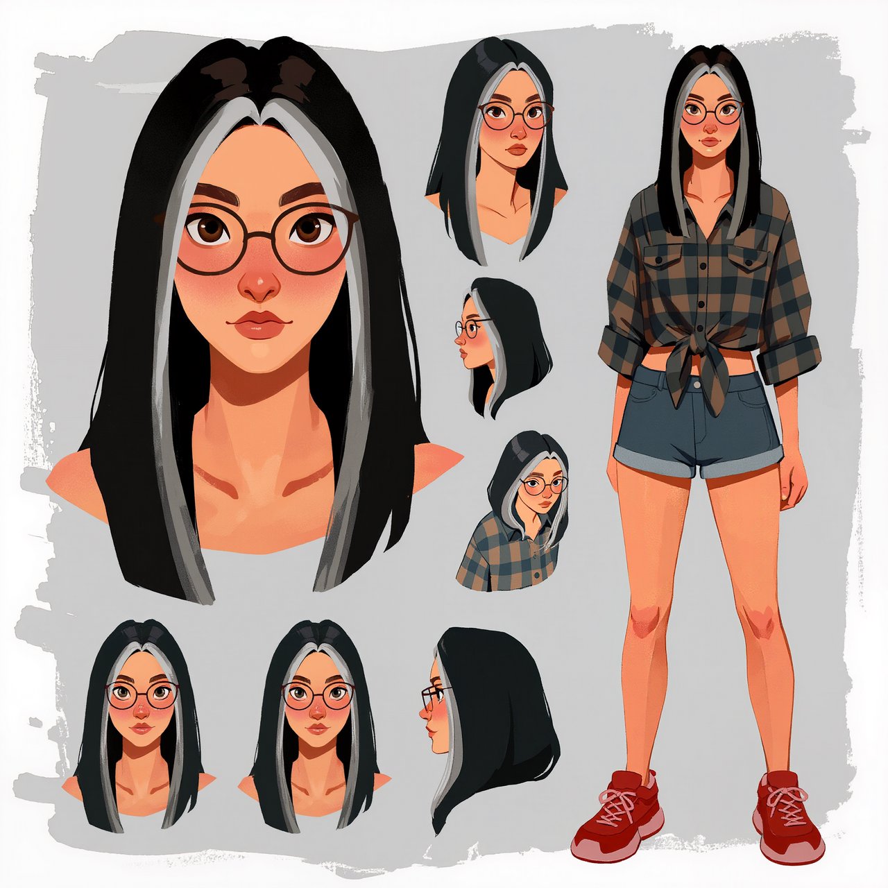 Character exploration sheet of the same woman: several bust and waist-up studies with varied expressions and 3/4 views, including one from behind, glancing over her shoulder at the viewer; one larger central portrait; and one full-length figure at the side, spanning the image height. Plain light-gray background with irregular painted edges. Character: 25-year-old Korean woman with long straight black hair and two platinum face-framing streaks from roots to ends, glasses, tipped almond eyes, Asian skin tone, plaid button-up tied at the waist, cuffed denim shorts, chunky red sneakers. Style: stylized semi-realistic digital painting; animation-inspired proportions, large eyes, strong brows, simplified but solid anatomy, painterly shape-based rendering, minimal linework, soft facial shading, angular clothing brushwork, warm luminous skin with peach/terracotta undertones and rosy cheeks/nose, sculpted hair, muted charcoal/earth palette, soft studio light, loose unfinished edges. — Kling v3