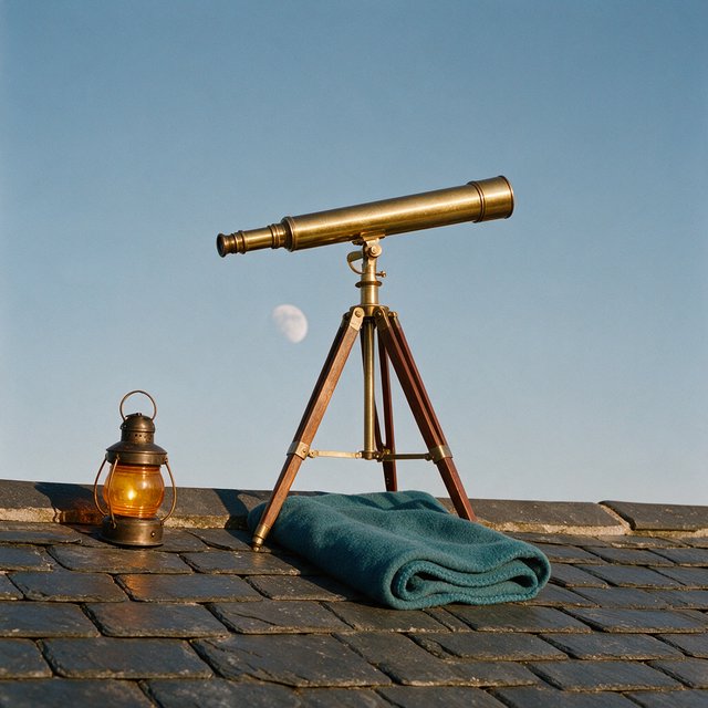 On a slate rooftop, exactly one brass telescope points east; one amber lantern sits to its left, one folded teal blanket lies beneath the tripod, and one pale moon hangs behind it in the clear sky, nothing else. — Model 20