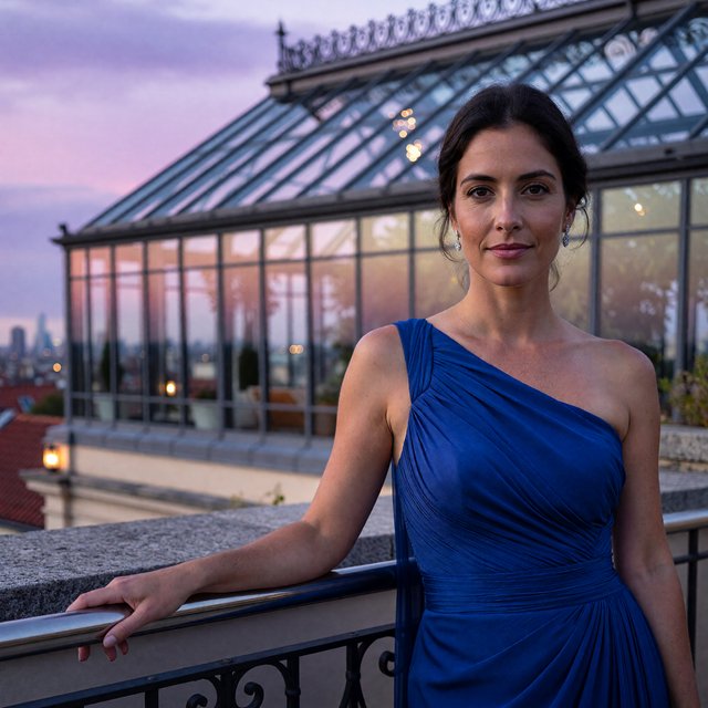 Editorial glamour photograph of one adult woman in a sapphire one-shoulder evening gown, leaning naturally against a rooftop conservatory railing at dusk, flattering lavender light, glass reflections, composed expression, elegant fashion-magazine atmosphere. — ImagineArt 1.5 Pro